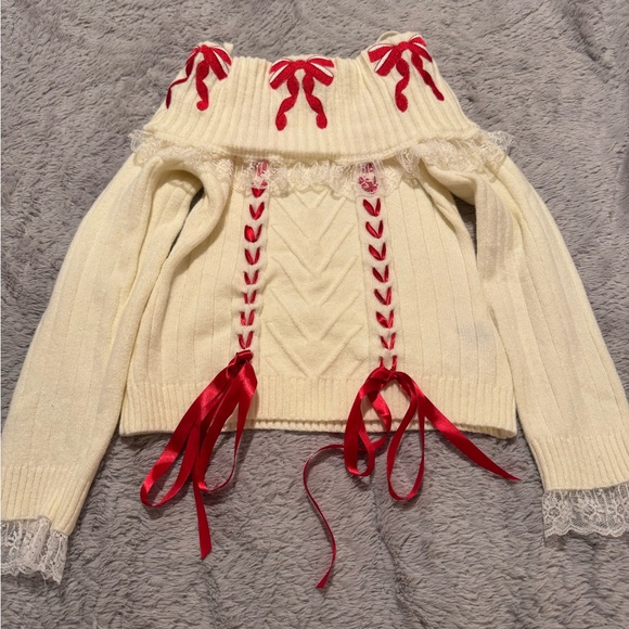 ROMWE Cream Off-the-Shoulder Sweater with Red Details - Picture 10 of 10
